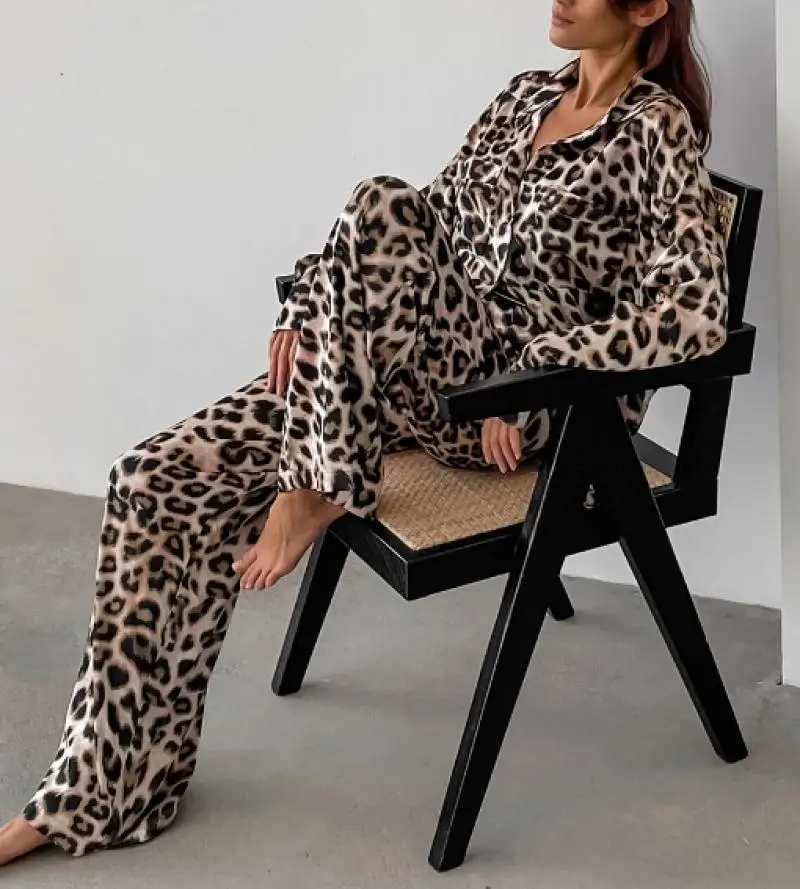 Elegant 2-Piece Sets for Women Leopard Print Loose Collar Shirt Long Sleeved Top Loose Wide Leg Pants Versatile Casual Pants Set