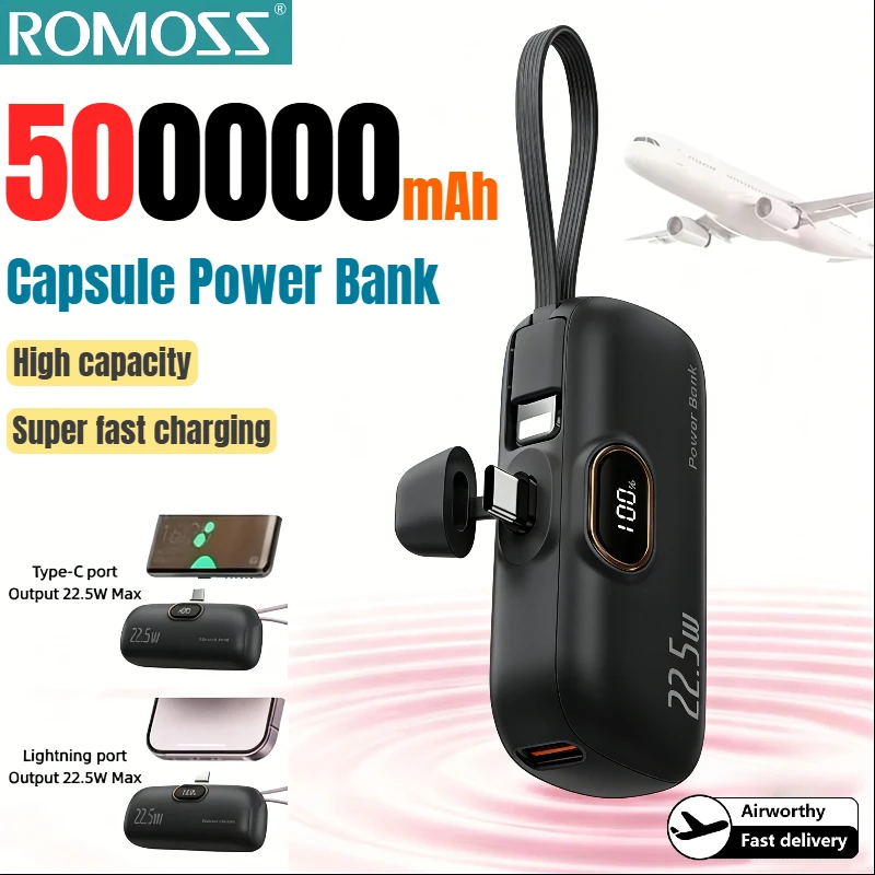 

ROMOSS 500000 мАч Capsule Power Bank PD22.5W Внешняя батарея большой емкости с сверхбыстрой зарядкой для iPhone Huawei Samsung