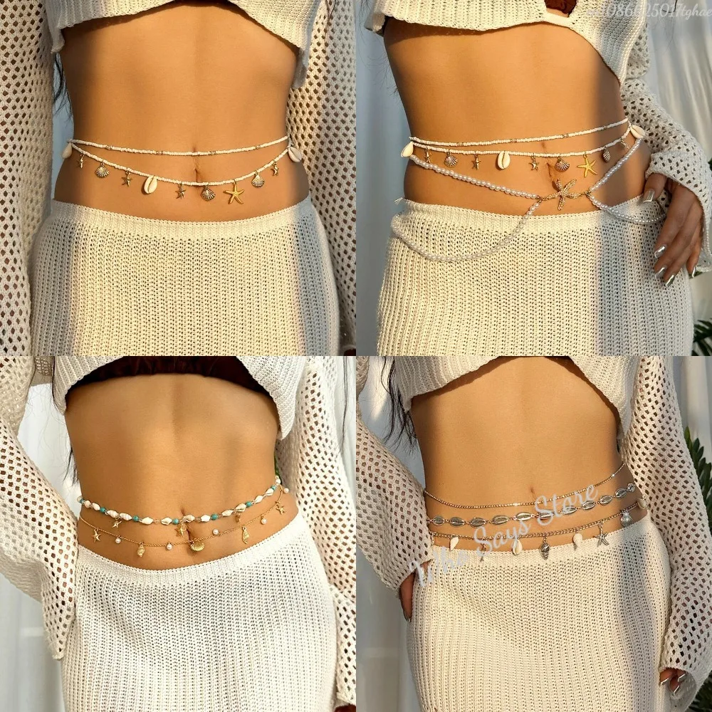 بوهو مثير موضة الطبقات شرابة نجم البحر الخصر البطن سلسلة المرأة الصيف شاطئ البحر السلاحف محارة قذيفة اللؤلؤ الجسم سلسلة مجوهرات #2