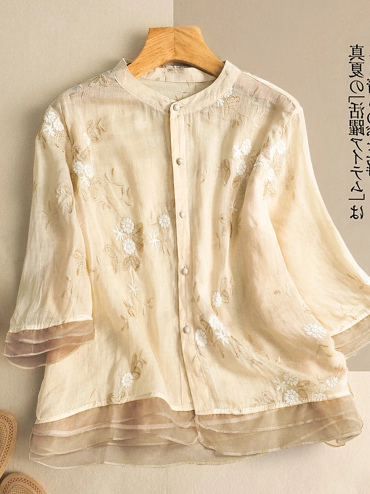 

Retro Embroidered Cotton Linen Blend irt Women's Split Sve Top Floral Pattern Stand Collar Button Closure Loose Fit Summ...