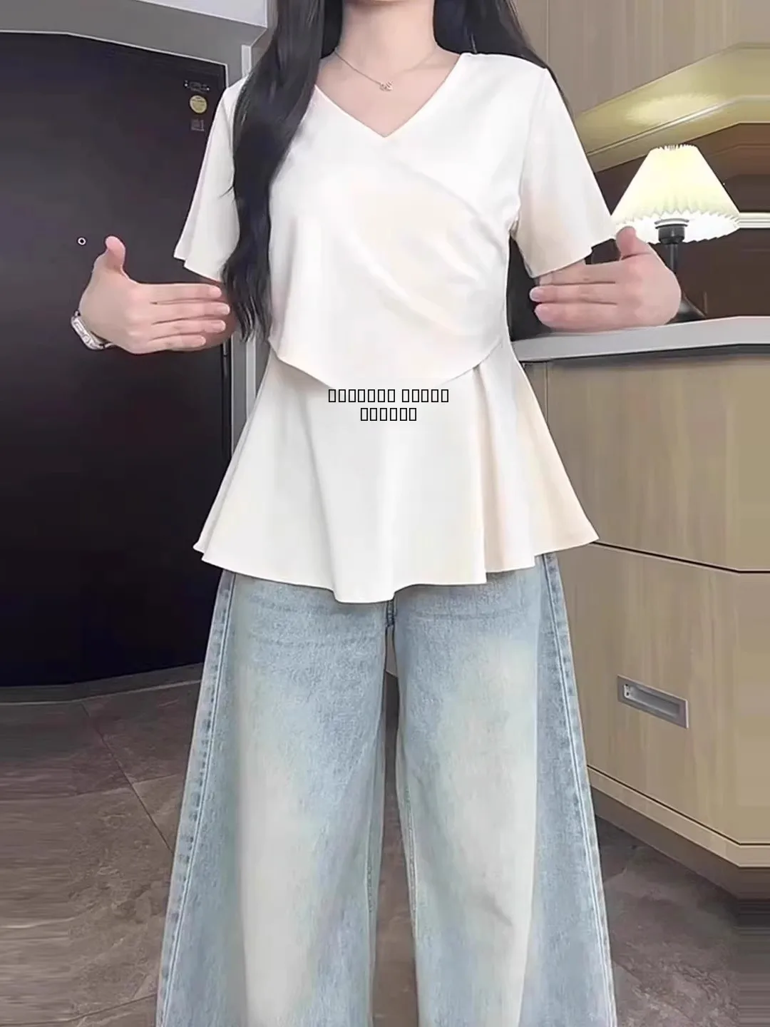 

plus Size Pure Cotton ort Sve V-Ne T-irt Women's Summer New Sle Slimming Belly Covering Lace Trim Top