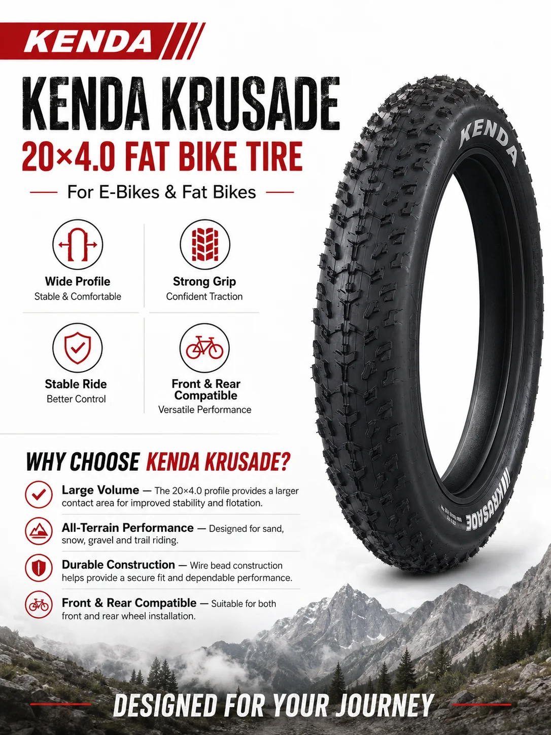 Kenda K1188 Krusade Fat Tire 20x4.0 Fahrradreifen 20"x4.00 Drahtreifen SRC Schwarz Fatbike-Reifen für MTB Schnee Strand Offroad – Detail 2