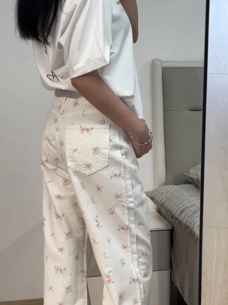 White Floral Wide Leg Jeans Women's Summer Thin High Waist Straight Cut Floor-Length Loose Fit Jeans Casual Ele Sle