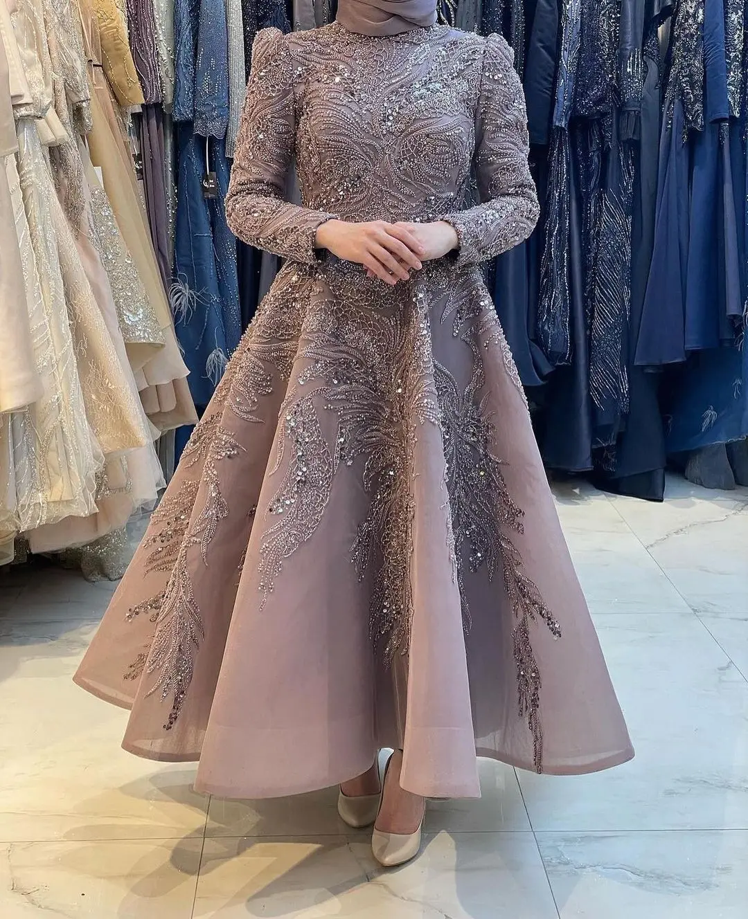 Muslim Full Sleeves Prom Dress Luxury Dubai Abiye Beading Appliques Midi Arabic Formal Evening Party Gowns Abendkleider