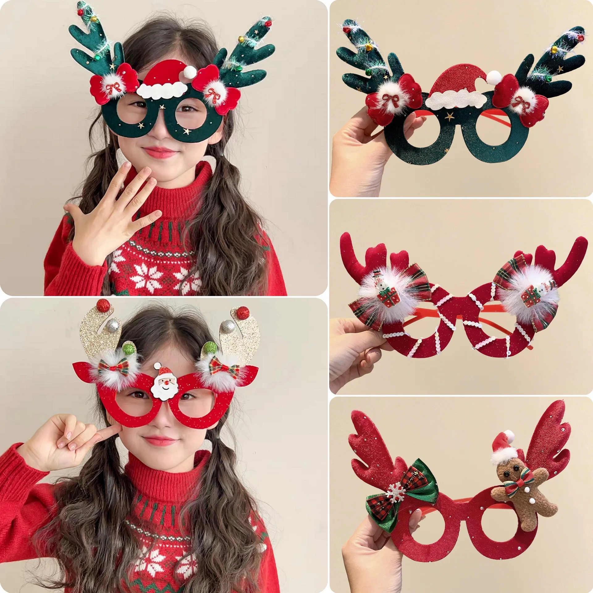 Christmas Antler Glasses Party Headwear Plastic Red Green White Festive Photo Prop Cosplay Hair Accessory for Women Girls
