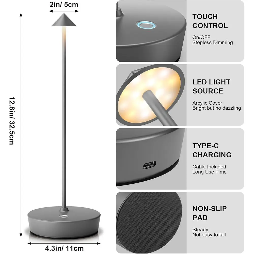2-Pack Cordless LED Desk Lamp, Rechargeable 6000mAh Battery, 3-Level Brightness, Metal, Portable for Indoor & Outdoor Use (Gray)