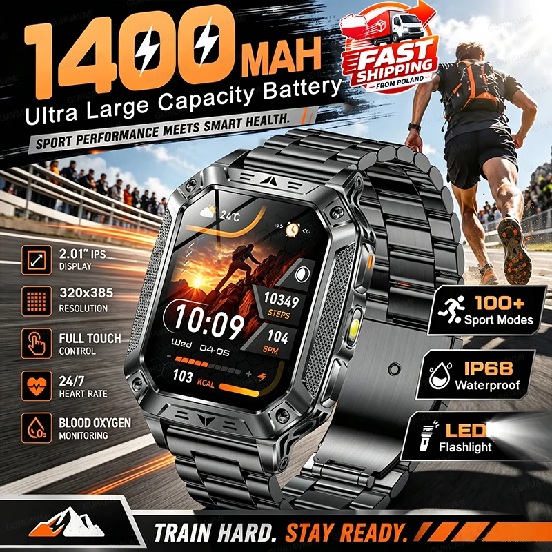 2026 NUOVO Smartwatch Militare Robusto con Batteria da 1400mAh, 100 Giorni di Standby, Torcia LED Tattica, Impermeabile IP68, Schermo HD da 2,01 Pollici, Chiamate Bluetooth, Orologio Sportivo per