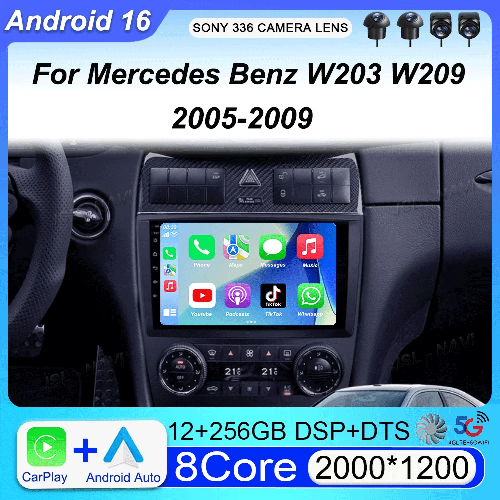 Android 16 For Mercedes Benz W203 W209 C180 C200 C220 C230 2005 - 2009 Video Player Car Radio Stereo GPS Carplay AUTO