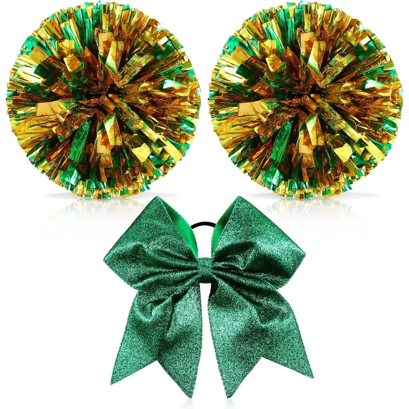 

Large Cheerleader Hair Bow & Pom Poms Set - 3 Pcs Metallic Cheer Accessories for Team Spirit & Sports Events - Glitter Cheer Bow