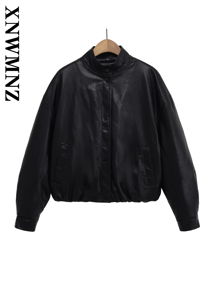 

XNWMNZ 2025 Autumn Woman's Commuting Vintage Long Sleeve Stand Collar Imitation Leather Coat Casual Lady Single-breasted Jacket