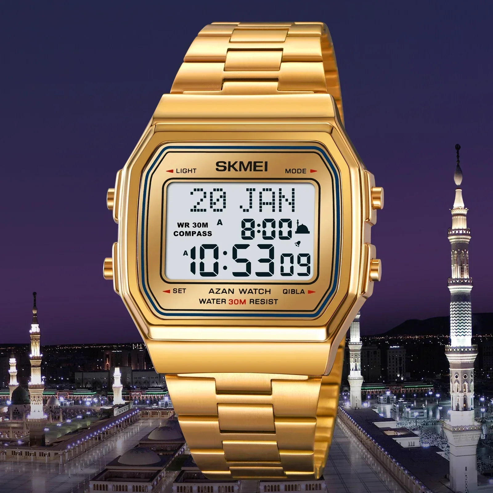 SKMEI 2113 Mens Prayer Azan Compass Alarm Hijri Islamic Digital Wristwatches New Back Light Display Stopwatch Sports Watches