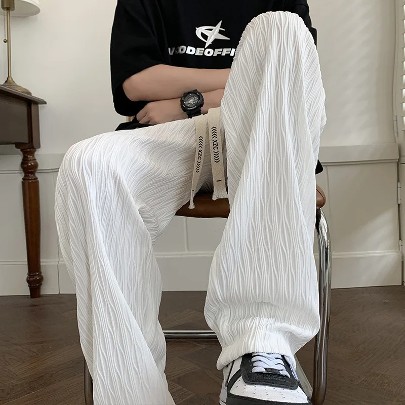 질감이 있는 트렌디 브랜드 루즈 스트레이트 와이드 레그 팬츠 새로운 스타일 남성 캐주얼 바지 Draped Ice Silk Summer