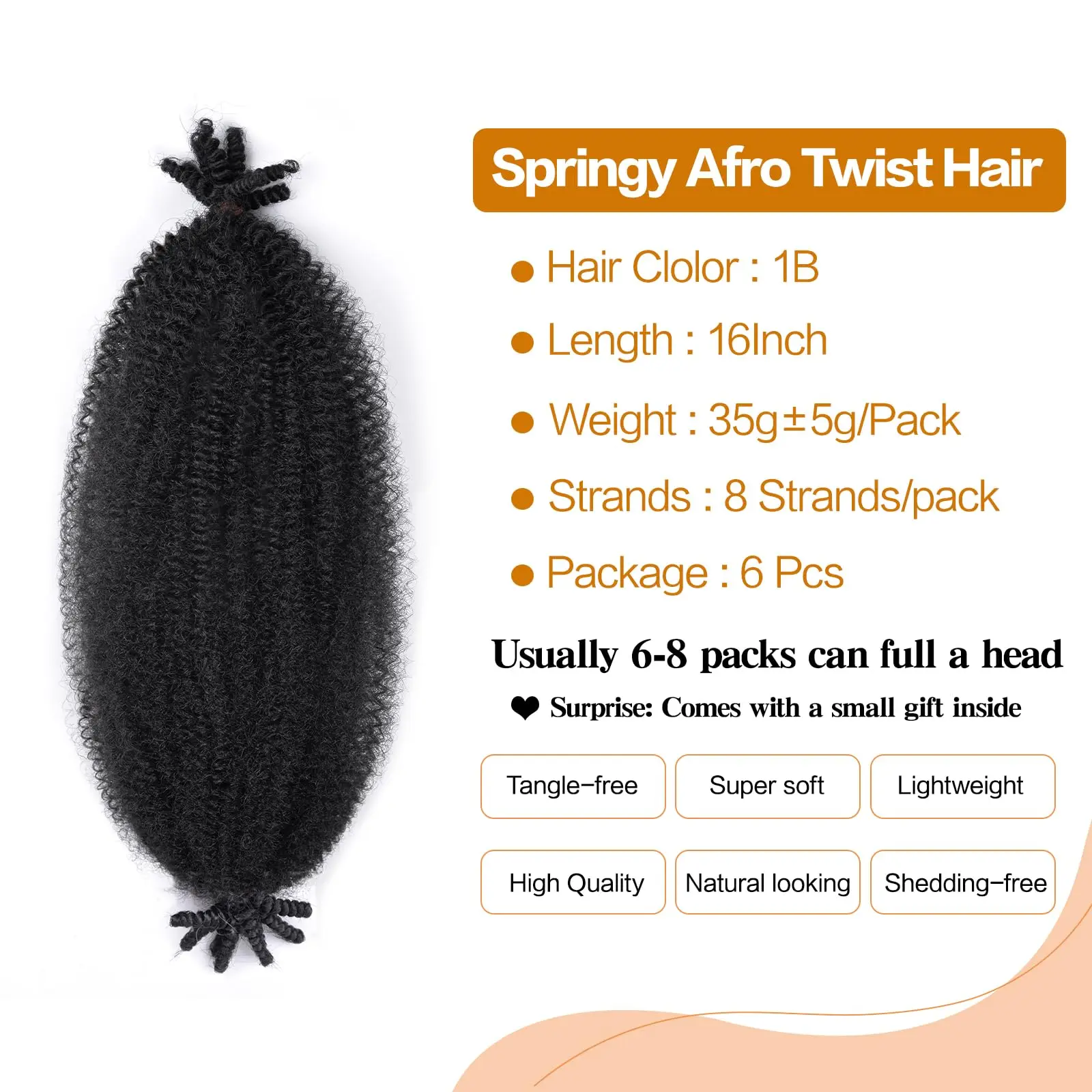 ผมถักเปียแบบ Afro Twist แบบสปริงที่แยกส่วนไว้ล่วงหน้า เหมาะสำหรับผมเสีย ผมนุ่ม  ผมสังเคราะห์แบบ Marley Twist สำหรับผู้หญิงผิวดำ