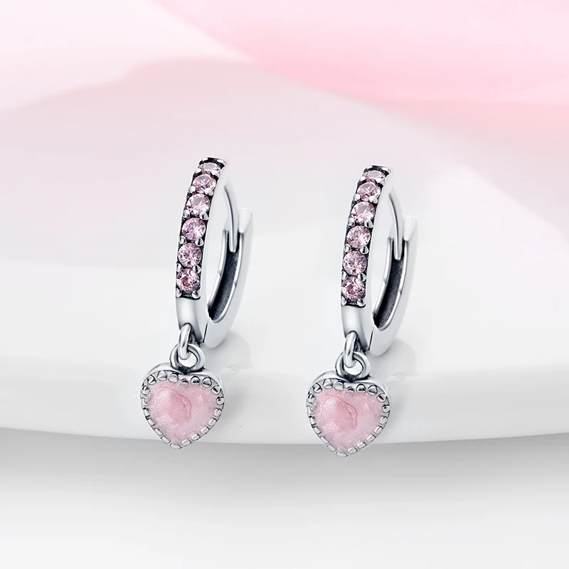 

925 Sterling Silver Women Earrings Classic Pink Love Pendant Hoop Earrings For Anniversary Birthday Party Jewelry Gifts