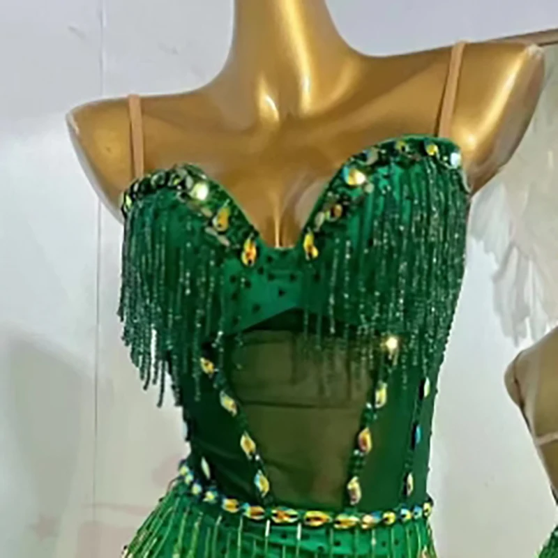 Latin Dance Competition Women's High-end Customized Pearl Tube Tassel Sheer Suspender Tango Samba Performance Rhinestone Dress
