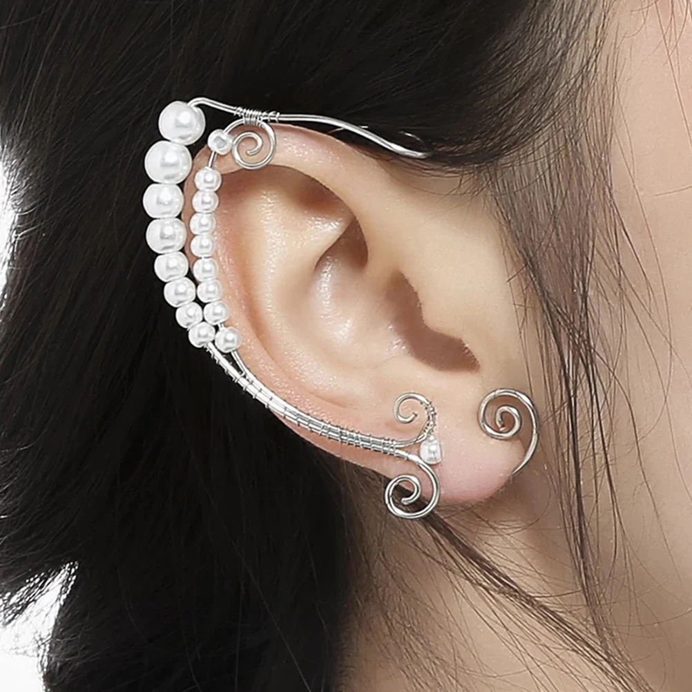 

1 Pair Pearls Cuffs Clip On Ear Hook Earrings Lightweight Elf Ear Shape Style Cosplay Costume Accessory Gift For