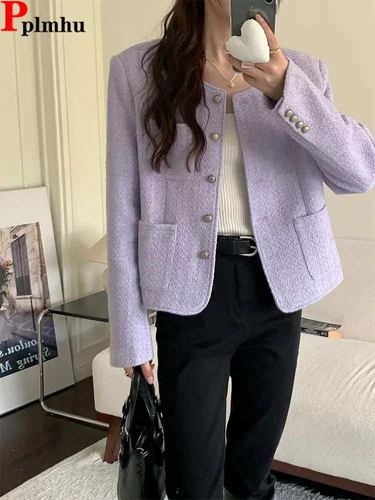 

Candy Color Tweed Woolen Slim Jackets Elegant Single Breasted Casaco Casual Chaquetas Coats Tops Korea Classic Women Jaqueta