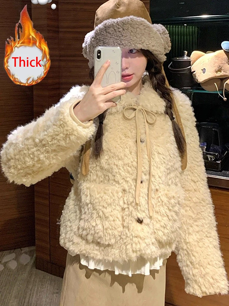 Winter Faux Lamb Cute Coat Women Slim Sweet Fashion Long Sleeve Kawaii Warm Jackets Casual Female Preppy Style Thick Outwear New