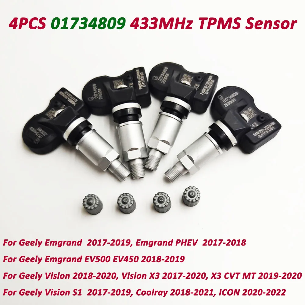 4Pcs 01734809 New Tire Pressure Monitor TPMS Sensor 433MHz For 2017-2023 Geely Emgrand Coolray EV500 EV450 Vision X3 S1 1017034