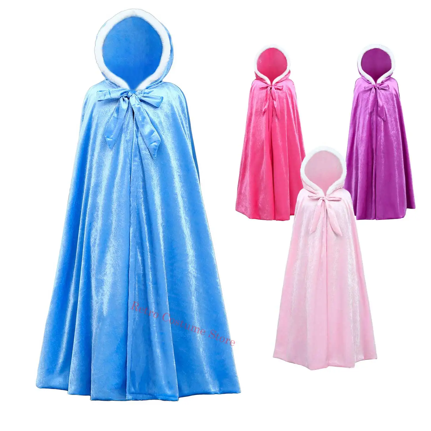 Girls Princess Anna Elsa Aurora Rapunzel Velvet Cosplay Costume Fancy Fairy Cinderella Long Cloak Hooded Cape