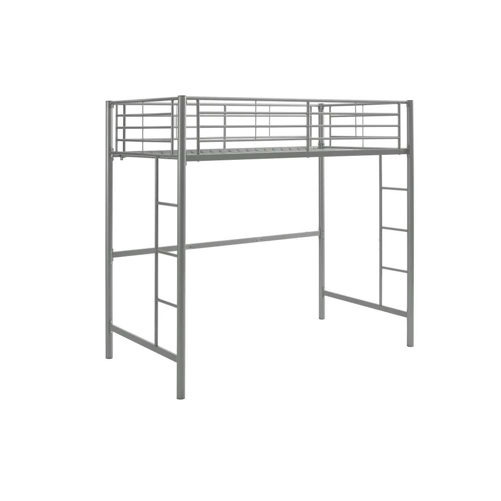 Modern Industrial Twin over Loft Metal Bunk Bed Frame with Integrated Guardrails - Silver