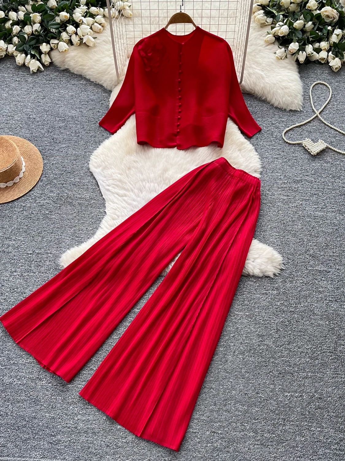 Red Open Cardigan Wide Leg Pants Two Piece Set Women's Loose Casual Autumn Fashion Set Slimming Maturity Style
