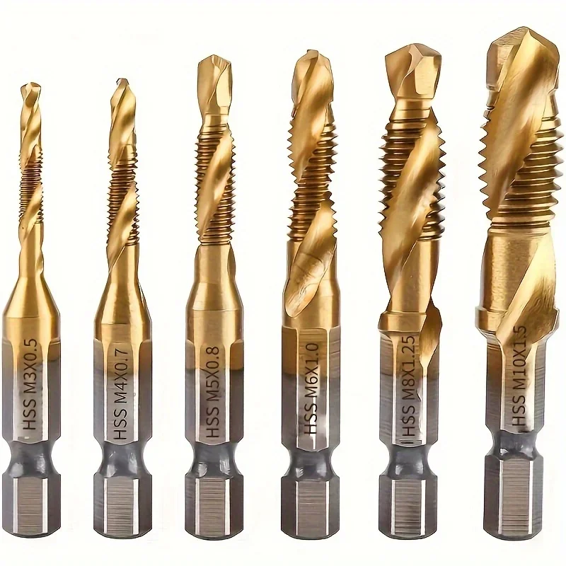 6pcs Titanium Coated HSS Drill Bit Set - Metric Thread M3-M10, Countersink & Screw Tapping Bits for Precision Hole Machining