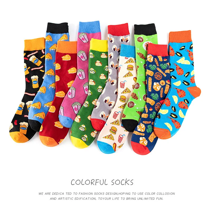 Men's Fashion MidCalf Cotton Socks Featuring Food Patterns including Vegetables Sushi and Pizza Couples Design