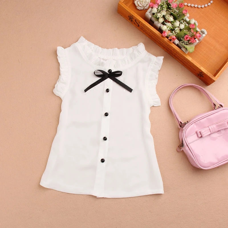 Summer Girls Clothes Casual Chiffon Sleeveless Blouse for Big Kids Korean Teenage Turn-down Collar White Shirts Black Bow Tops