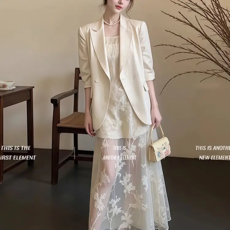 Blazer Oversize Women Women'S Summer Suit Satin-Effect Romantic Wash Simplicity Ruffle Skinny Translucent Delicate Overlay