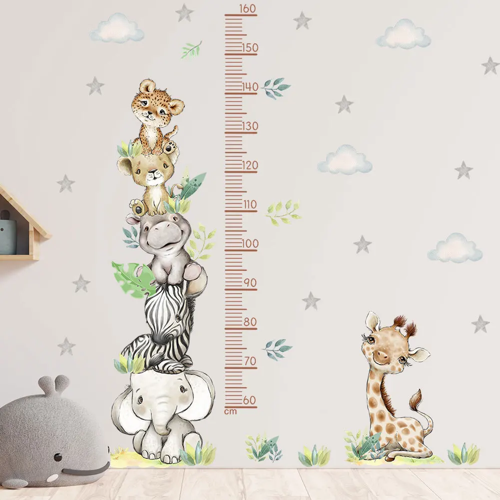 Safari Jungle Animals Height Measure Wall Stickers for Children Boys Girls Kids Room Decoration Growth Chart Wallpaper Elephant