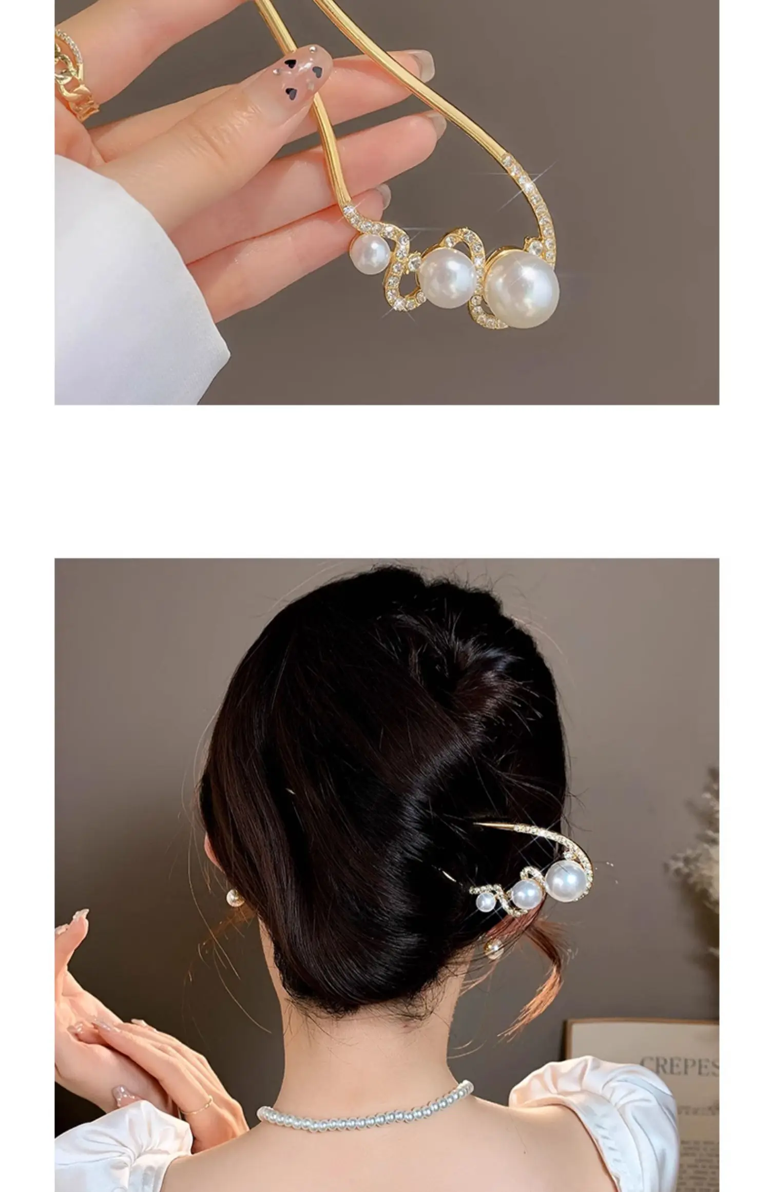 VANIKA Neue modische U-förmige Haarspangen aus Metall, elegante Perlen-Pferdeschwanz-Haarnadeln für Damen, schlichte Haarspangen, Kopfschmuck, Haaraccessoires – Detail 5