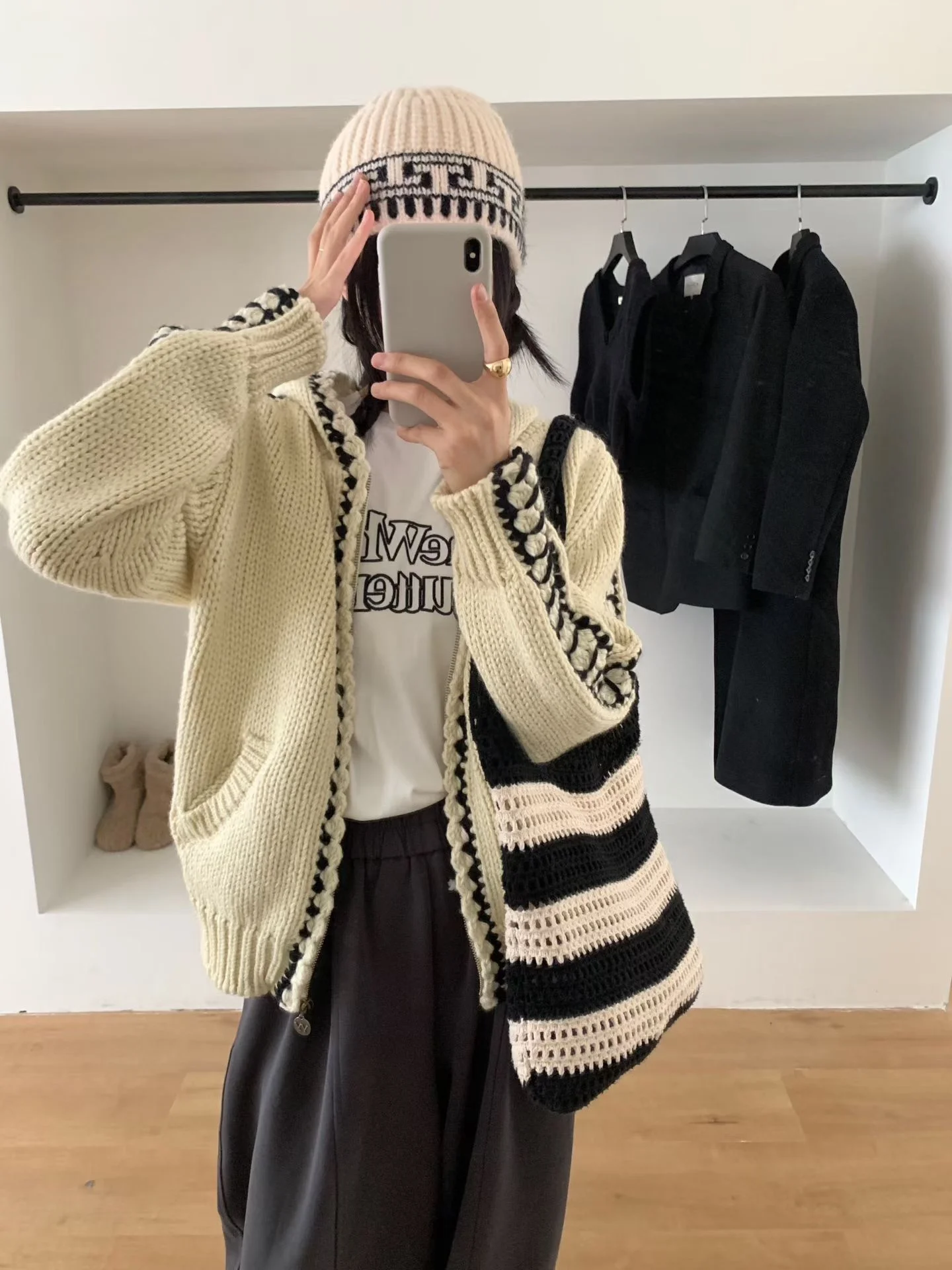 

Тяжелый шерстяной свитер с капюшоном ручной работы Jaet Color Blo Design Long Sve V-Ne Теплая верхняя одежда Thiened на осень W...