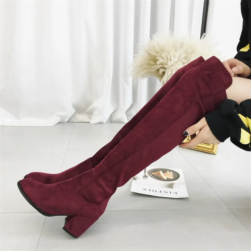 Black Knee High Boots Women Suede Round Toe Chunky Shoes Fall Plus Size 43 Long Boots Lelastic Force Over The Knee Botas Mujer