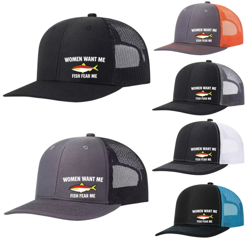 FISH FEAR ME Printed Adjustable Baseball Cap Snapback Dad Hat Breathable Trucker Mesh Hat Golf Fishing Outdoor Sun Cap