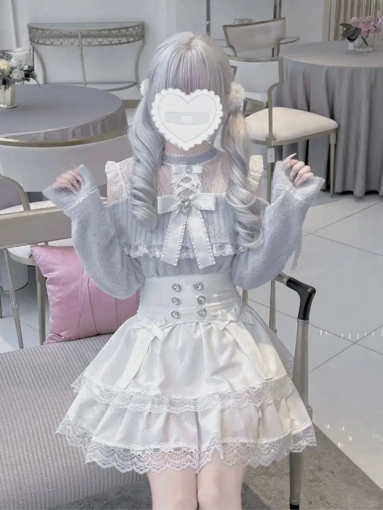 الشتاء اليابانية الحلو متماسكة 2 قطعة مجموعة المرأة القوس تصميم سترة + الدانتيل تنورة الرجعية الإناث شيك Kawaii موضة الجنية الملابس 2025 #3