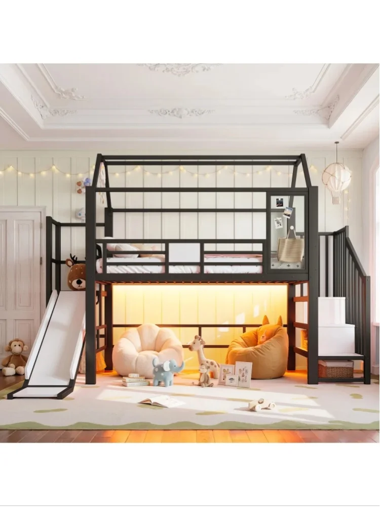 90×200cm und 140×200cm Metall-Etagenbett für Kinder, EN 747 Sicherheitsgeprüfter Bettrahmen mit lustiger Rutsche, Treppe und Stauraum, multifunktionales platzsparendes Kinderzimmermöbel, ohne Matratze