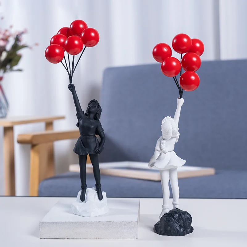 Resin Cartoon Girl Figurine Flying Love Balloon Girl Sculpture Ornaments Abstract Modern Home Desktop Study Office Decor Gift