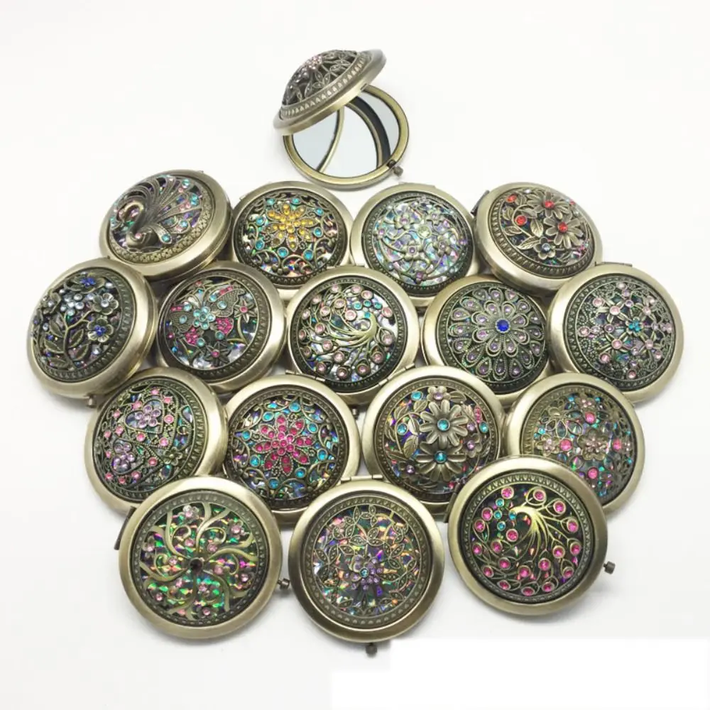 Mini Vintage Hollow Makeup Mirrors Folding Floral Pattern Folding Pocket Mirror Hollow Double-sided Round Makeup Mirror