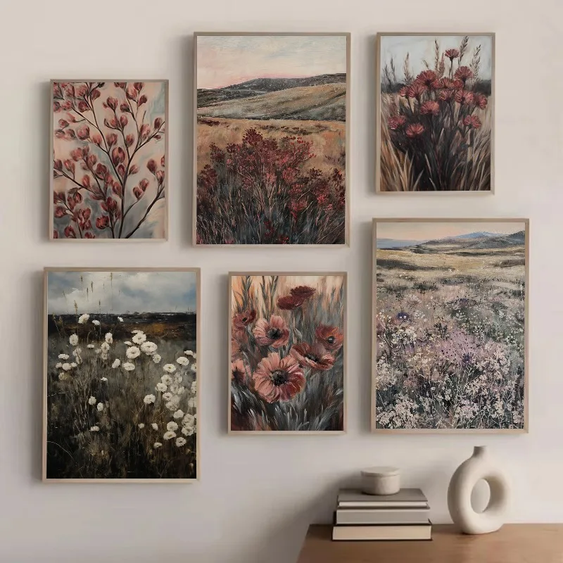 Pôster de paisagem sombria de Moody, flor silvestre vintage, paisagem pastoral antiga, impressão em tela, imagem artística