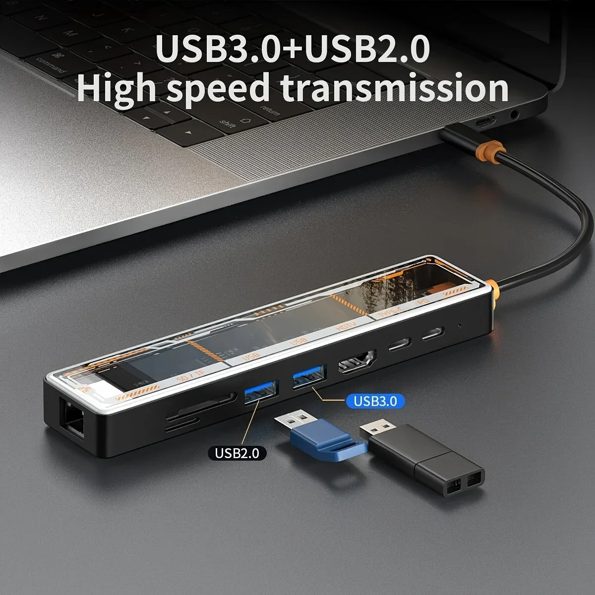 8 In1 Transparent USB-C Docking Station HDMl Adapter with HDTV, USB3.0, PD Charging, SD/TF2.0, RJ45100M Ports for Mac iPad DELL