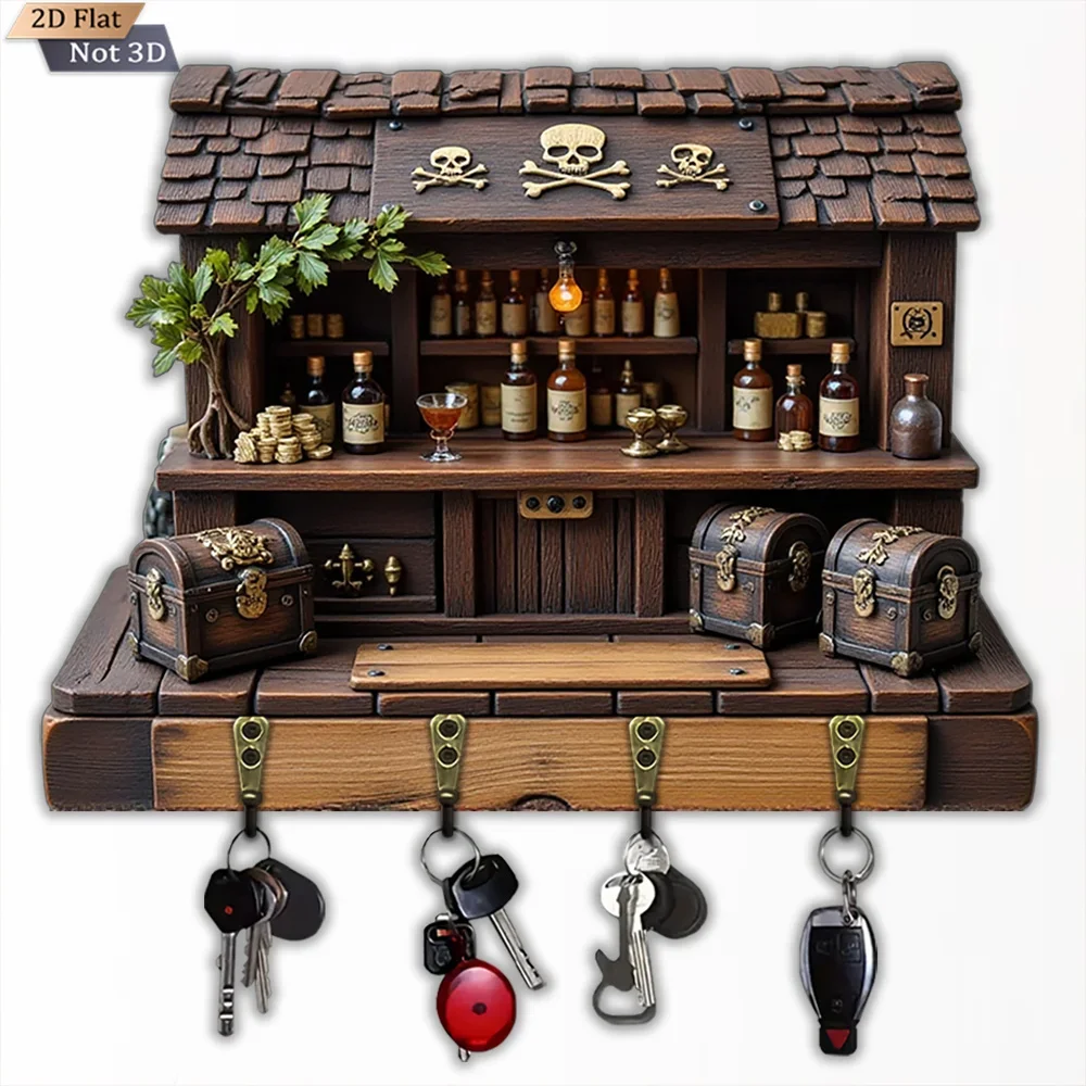 2D Flat, 1pc, Pirate Vintage Wooden Key Hook, Multi-functional Wooden Home Key Hook with Four Metal Hooks, Wall Decoration,