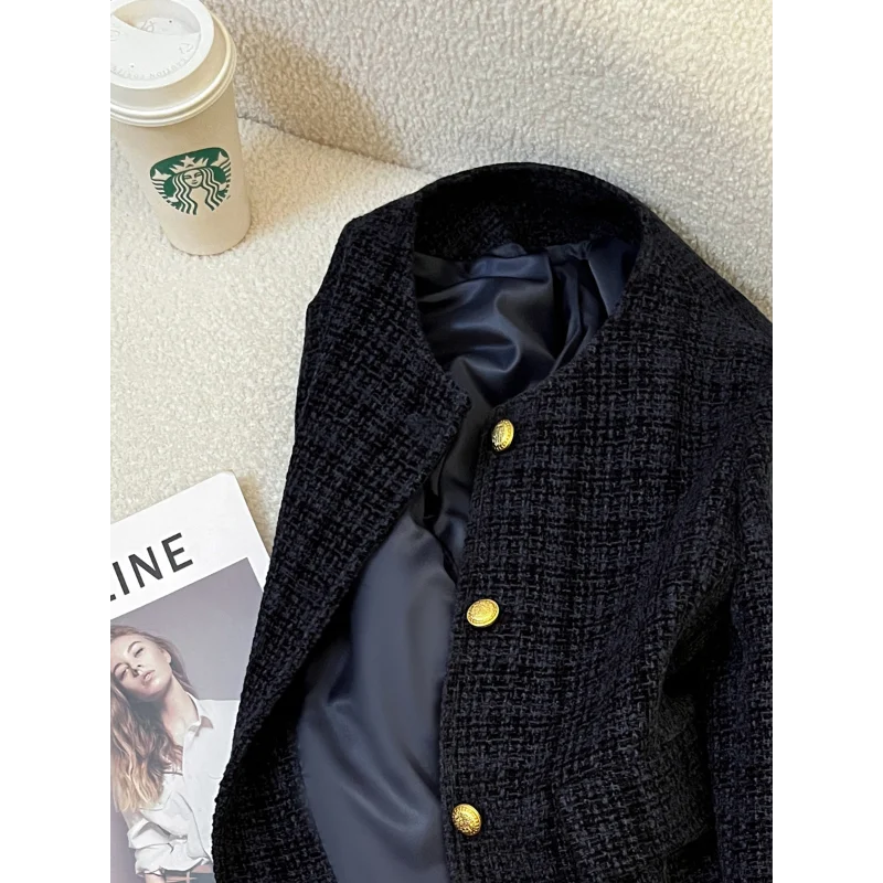 Navy Blue Small Fragrant Round Neck Simple Wild Coat Women Vintage Elegant Loose Fashion French Lady Long-sleeved Tweed Coat