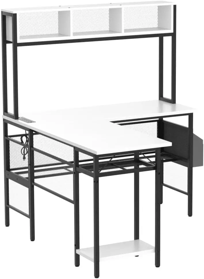 L Shaped Computer Desk with LED Strip and Power Outlets, Storage Shelves and Bag
