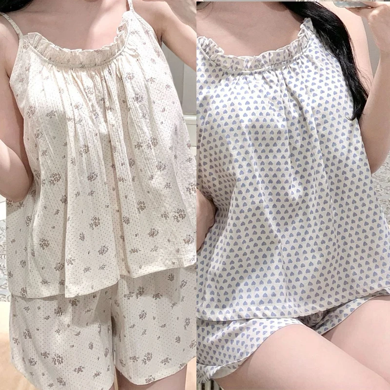 

Print 2 Pcs Strap Top&short Summer New Sleepwear Sexy Novelty Pajamas Set Ice Silk Home Clothes Soft Chinese Nightwear Robe