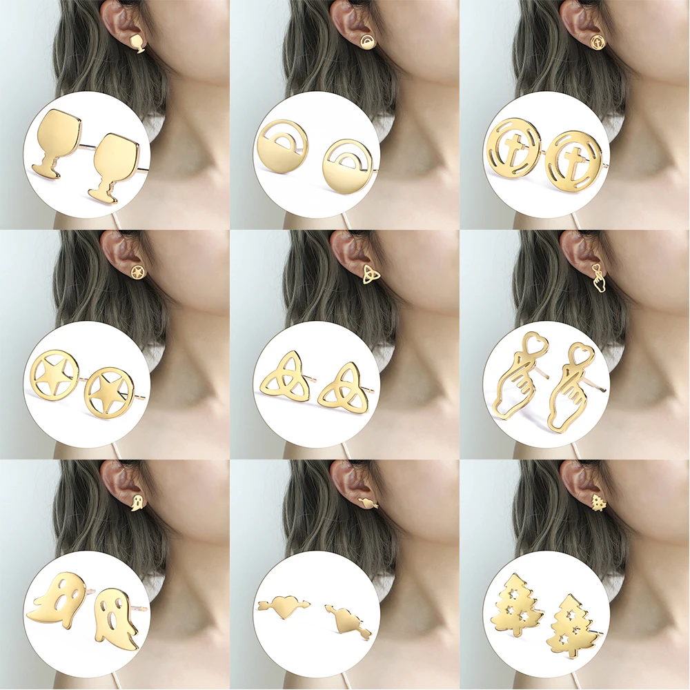 Gold Color Stainless Steel Mini Stud Earrings Witch Knot Star Heart Earring for Girl Birthday Gift Fashion Jewelry Wholesale