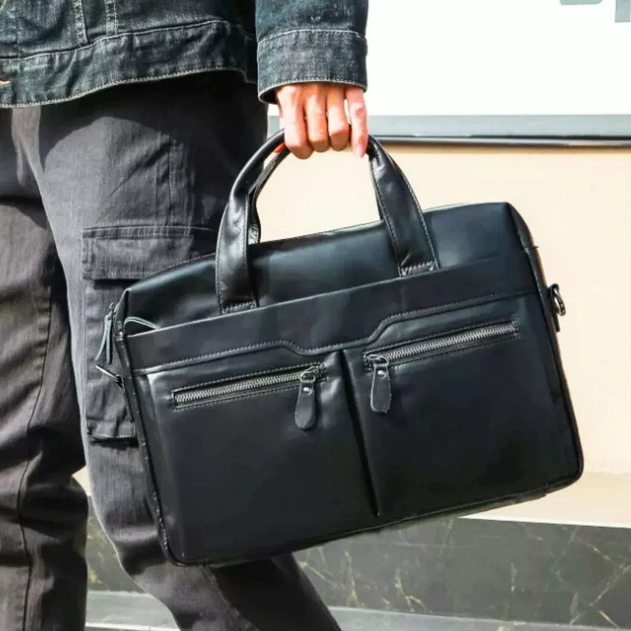 أسود الأعمال حقيبة جلد البقر الحقيقي سعة كبيرة رجل حقيبة كمبيوتر محمول جلد طبيعي متعددة الوظائف الذكور حمل أو حقيبة كتف