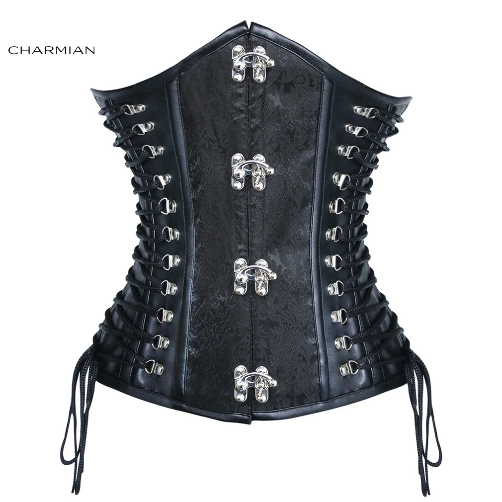 Charmian Steampunk skórzany gorset damski Vintage Plus rozmiar spiralny stalowy gorset z PVC gorset pod biustem gorset talii Goth gorsety