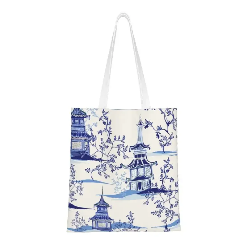 Chinoiserie Tea House Vintage Art Grocery Shopping Bags Canvas Shopper Shoulder Tote Bag Delft Blue Oriental Willow Handbag