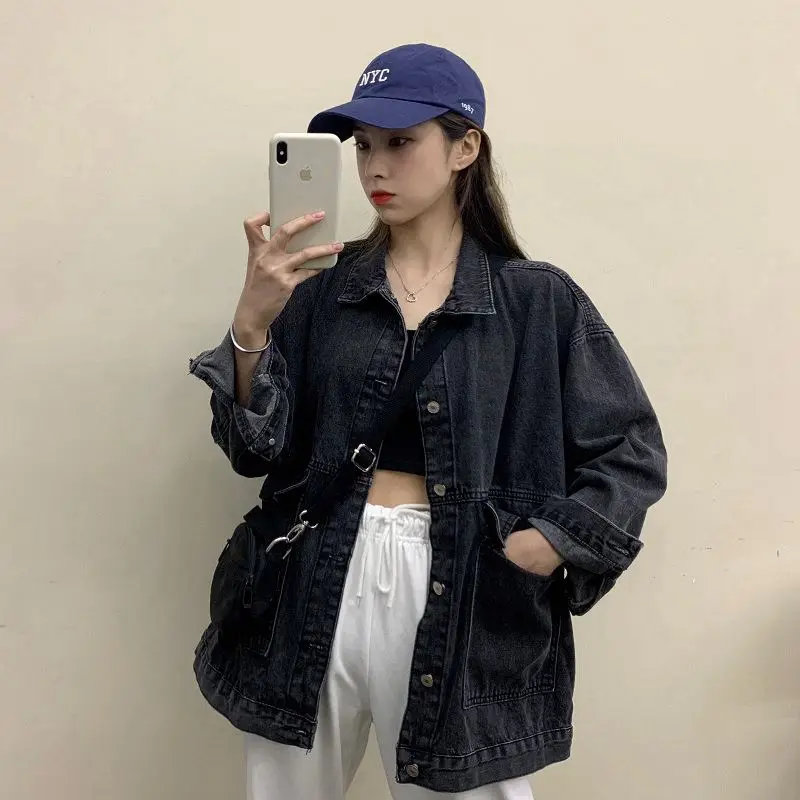 Loose Casual Long Sleeve Denim Jacket for Women Spring Autumn New Style Korean Version Student Harajuku Retro Top Button Closure